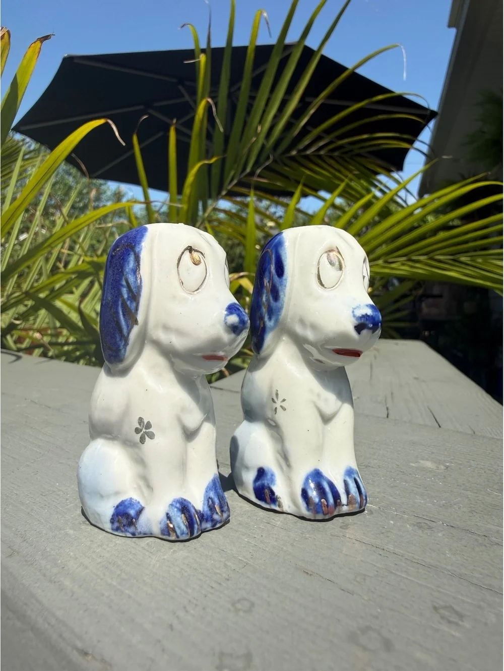Vintage Blue White Spaniel Dog Salt Pepper Shakers Japan